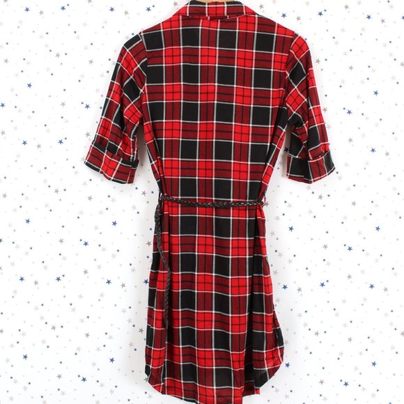 Half Sleeve Plaid Shirt Dress with Belt Red Black - Picture 7 of 8